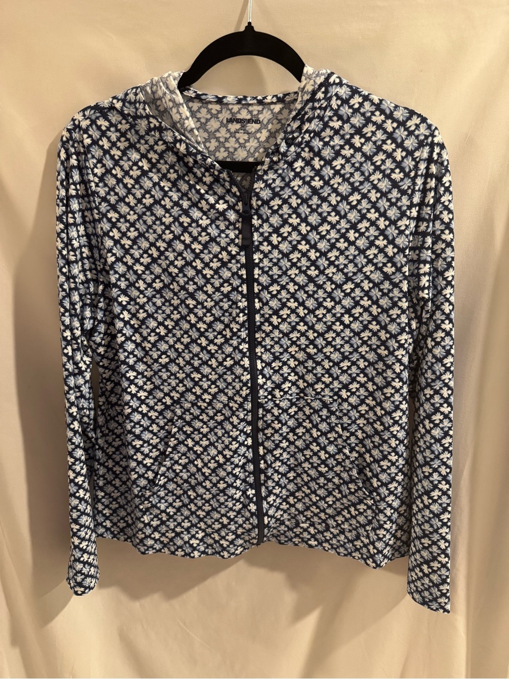 Lands' End Navy and White SunShade UPF 50 Floral Hooded Rash Guard M
